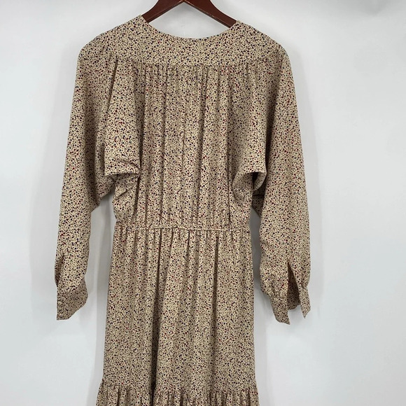 Sweet Baby Jamie Ditsy Shirt Dress Women Size XS Tan Blue Speckled Tiered Ruched - Picture 11 of 13